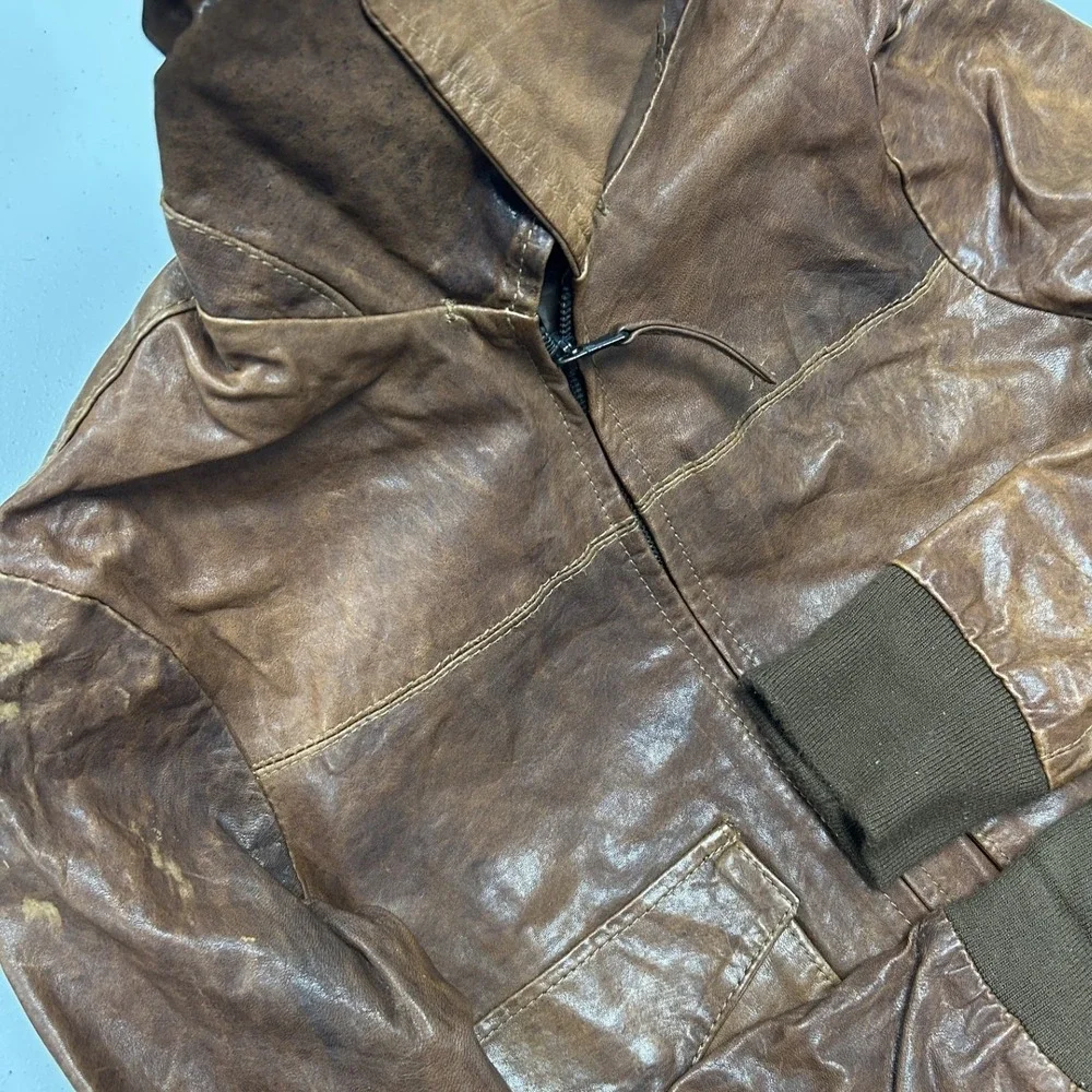 Please Bomber Jacket Womens S Brown Leather Made in Italy Distressed Aviator